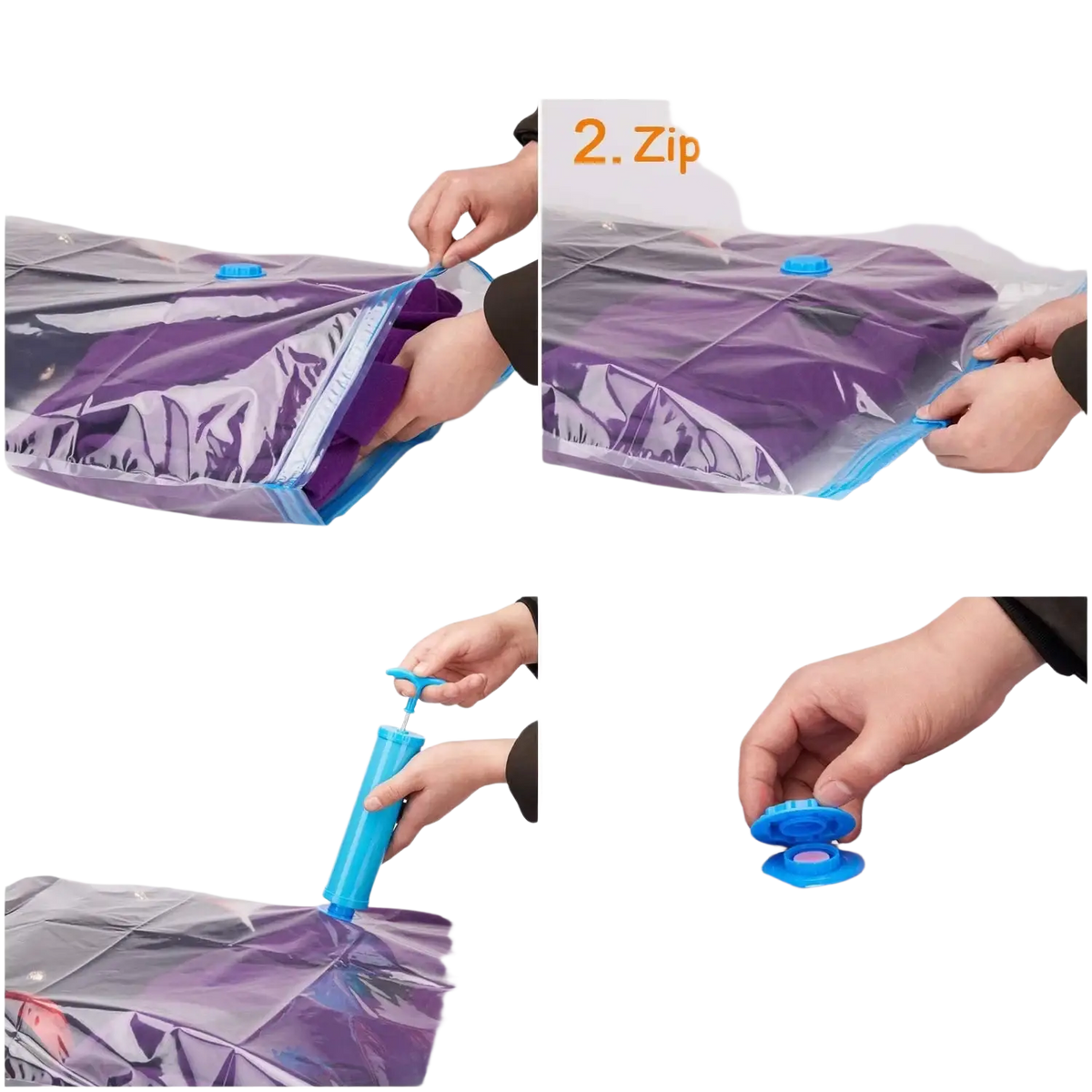Purple compression bag with blue zipper and hand pump attachment for bedding and clothes storage bags