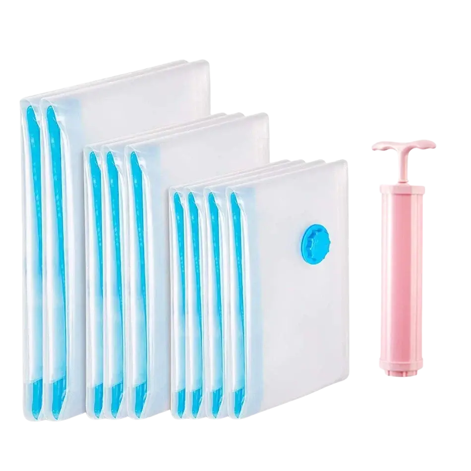 Set of clear vacuum storage bags with blue zipper pulls and pink hand pump for compression of bedding and clothes
