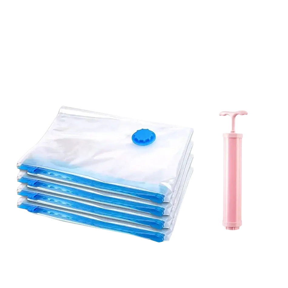Set of four clear vacuum storage bags with blue sealing strips and a pink hand pump for bedding and clothes compression