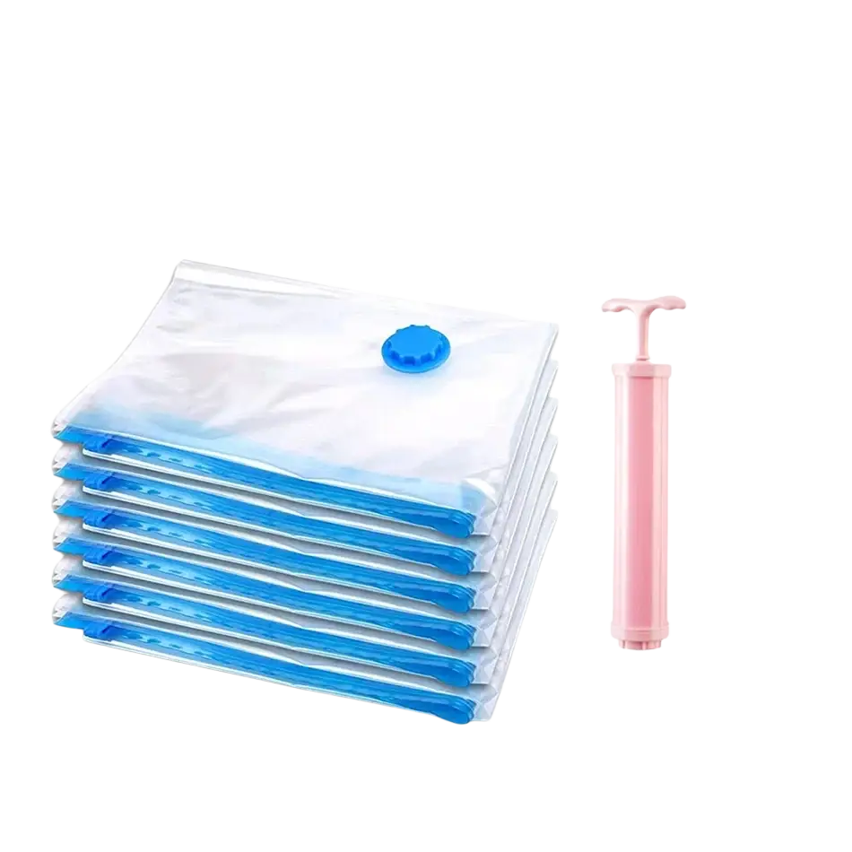 Set of six clear vacuum storage bags with blue seals and pink hand pump for compression of bedding and clothes