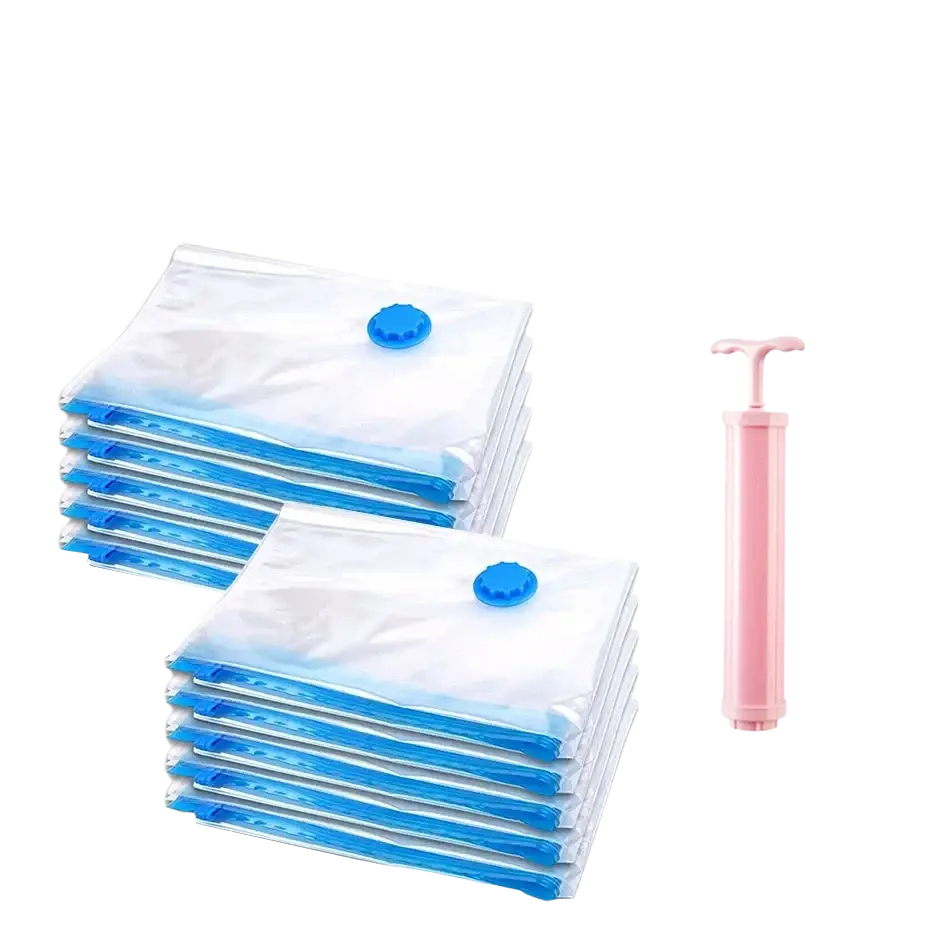 Ten transparent vacuum compression bags with blue seals and valve caps and a pink hand pump for storage use