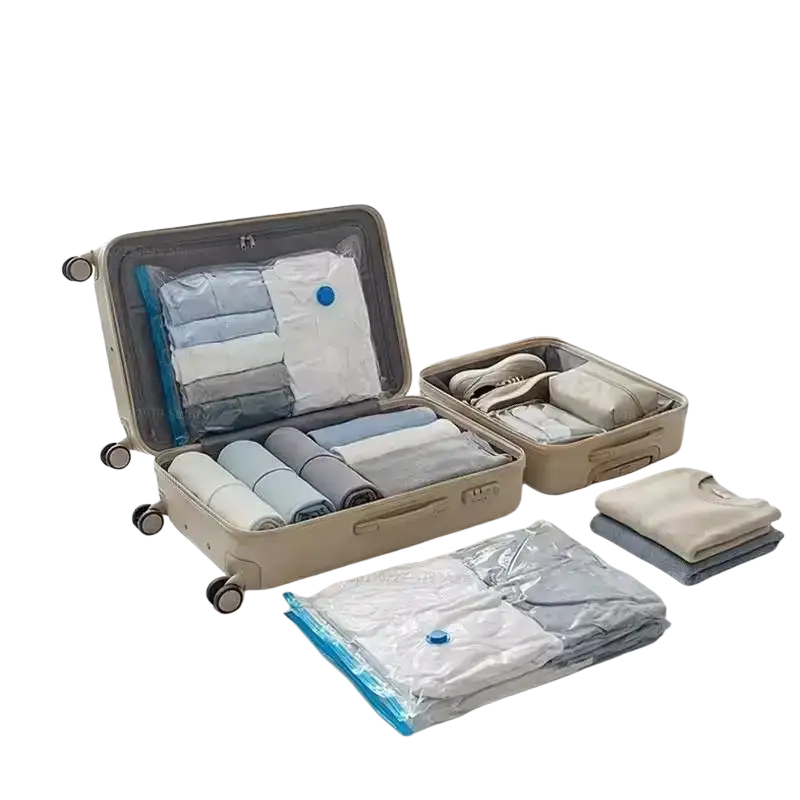 Beige rolling suitcase with transparent vacuum storage bags made of pa+pe material containing folded clothing