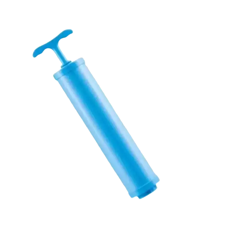 Blue plastic hand pump with t-shaped handle for vacuum storage bags made of pa+pe material 5 pack
