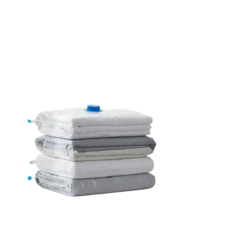 Stack of white and gray fabric items vacuum sealed in clear pa+pe material vacuum storage bags with blue caps 5 pack