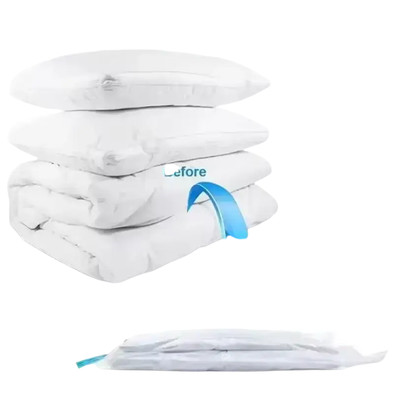 White vacuum storage bag with blue zipper pull and transparent seal strip made from pa+pe material 5 pack