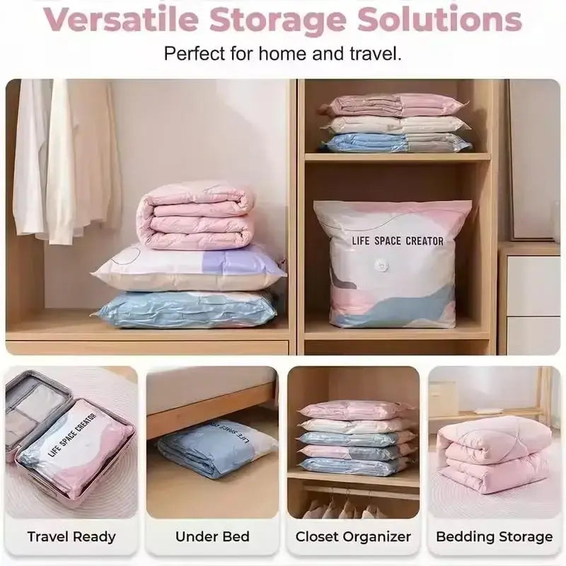 Pastel pink and blue vacuum storage bags made of pa+pe material with white button closure for space saving organization