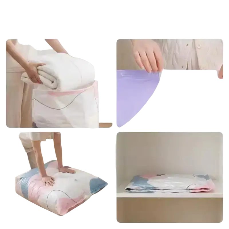 A translucent pastel-colored vacuum storage bag with zipper closure made of pa+pe material and soft geometric patterns