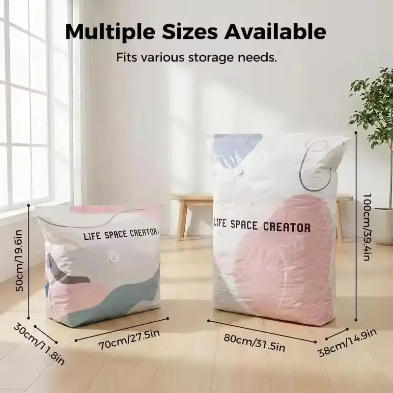 Two pa+pe material vacuum storage bags in pink gray and white with life space creator branding for space saving organization
