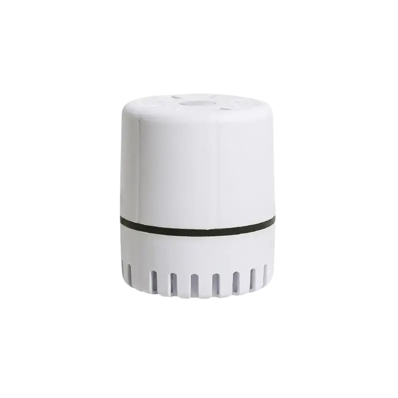 White cylindrical radiator valve with black band and slotted base made of pa+pe composite material for space saving use