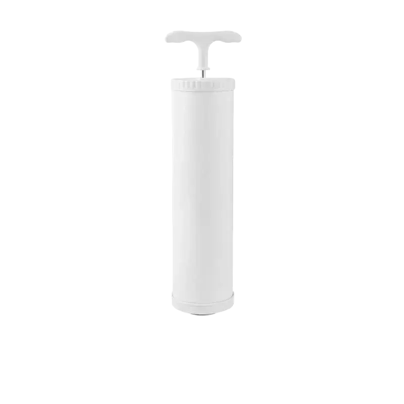 White manual air extraction pump with t-shaped handle for vacuum storage bags made of pa+pe composite material