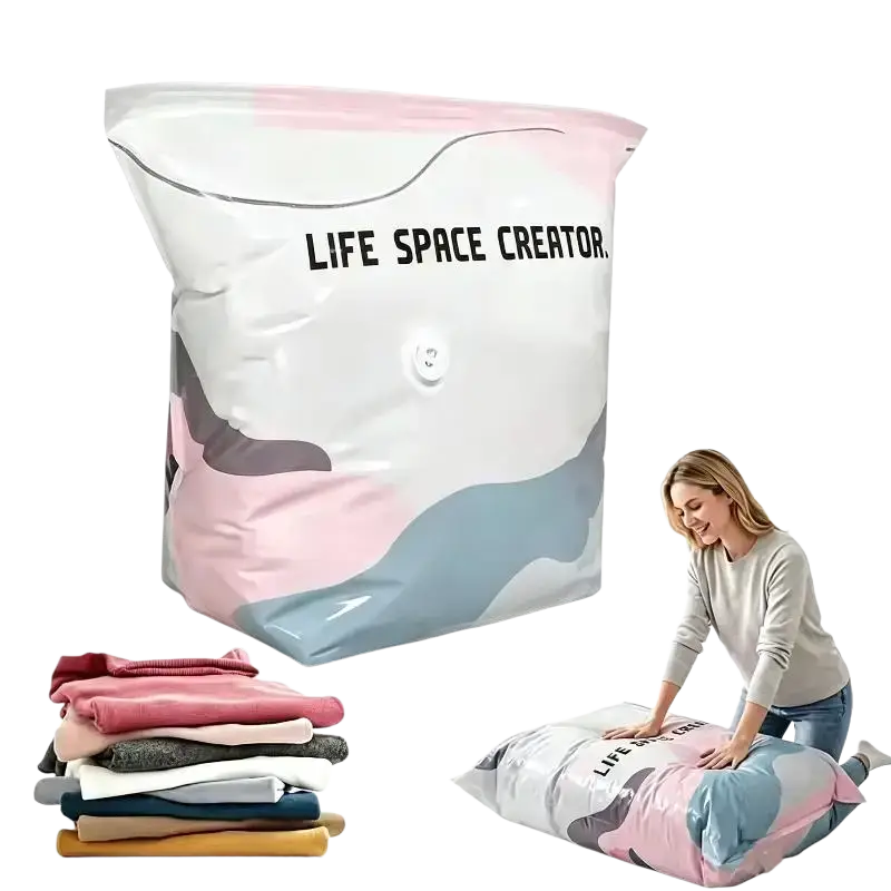 Pa+pe pink gray and white inflatable vacuum storage bag with life space creator label for space saving organizer