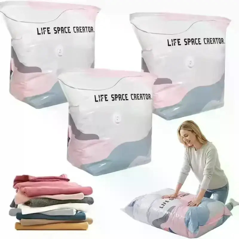 Pink and gray pa+pe vacuum storage bags with life space creator print for pumpless space saving organization