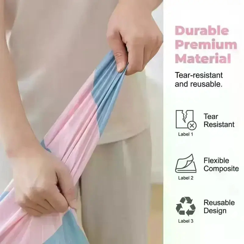 A soft stretchy pa+pe vacuum storage bag in pastel pink and blue stripes for space saving organization