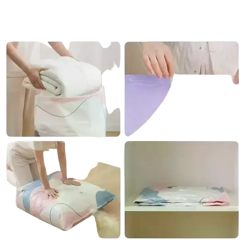 A translucent multi-colored pa+pe vacuum storage bag with zipper closure and geometric patterns for space saving