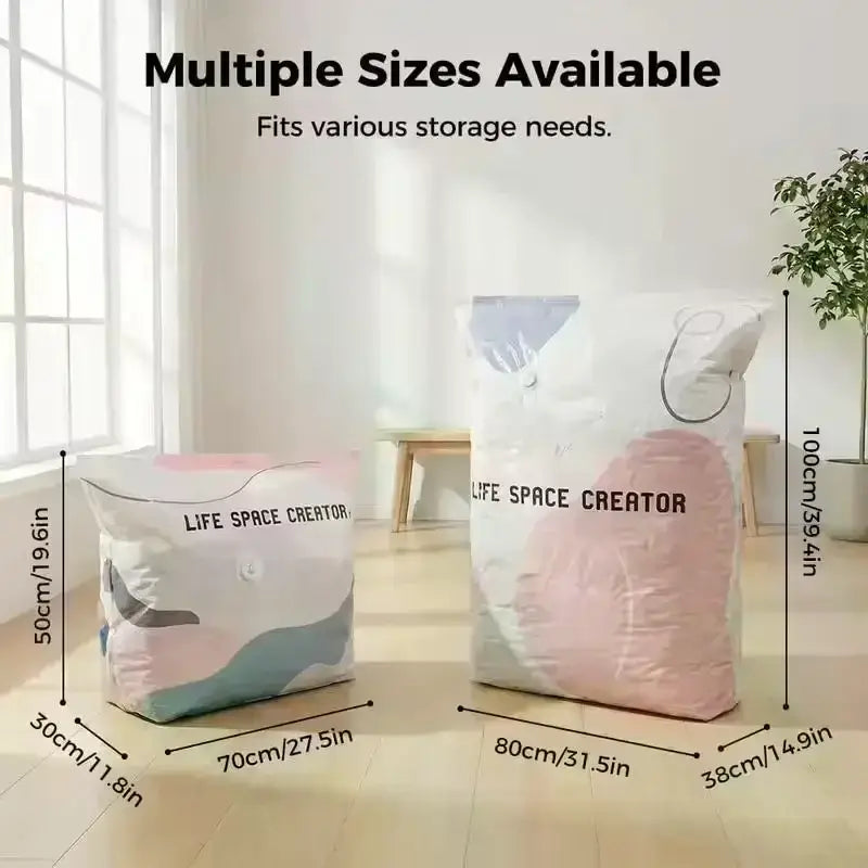 Two transparent pa+pe vacuum storage bags with pastel pink and blue swirls on white fabric for space saving