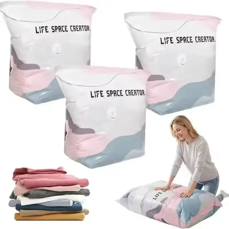 Pink and gray pa+pe vacuum storage bags with life space creator printed for reusable space saver storage use