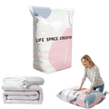 A transparent pink and gray pa+pe vacuum storage bag with abstract patterns labeled life space creator for space saving