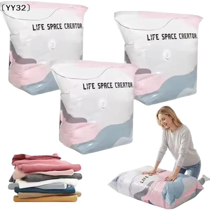 Pink and gray pa+pe vacuum storage bags with life space creator print for space saving compression organizer