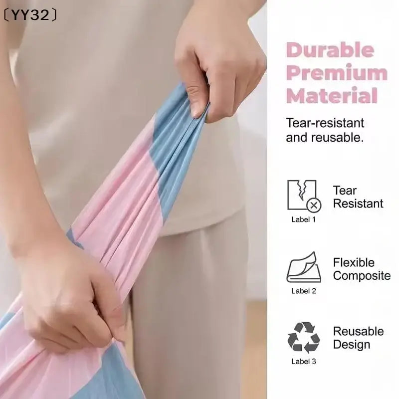 Pa+pe vacuum storage bags feature a soft stretchy pink and blue striped tear-resistant fabric for space saving organization