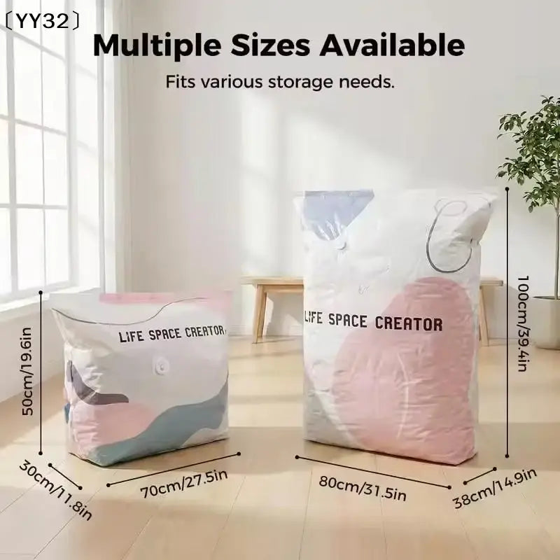 Two pink white and gray abstract-patterned pa+pe vacuum storage bags for space saving compression organization