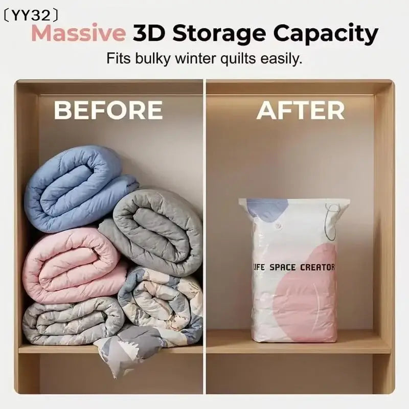 A white and pink pa+pe vacuum storage bag compresses bulky winter quilts with life space creator design