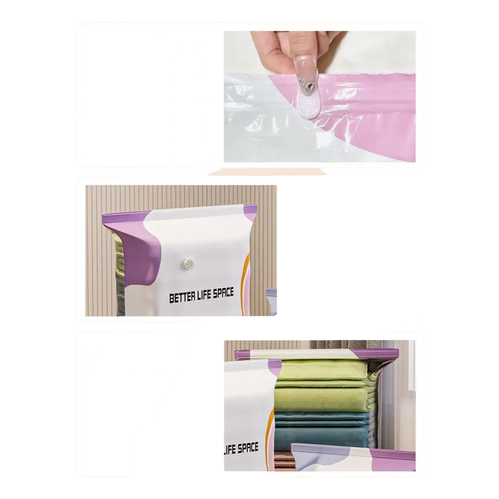 A sleek transparent vacuum storage bag with purple zipper and better life space label for compressing clothes