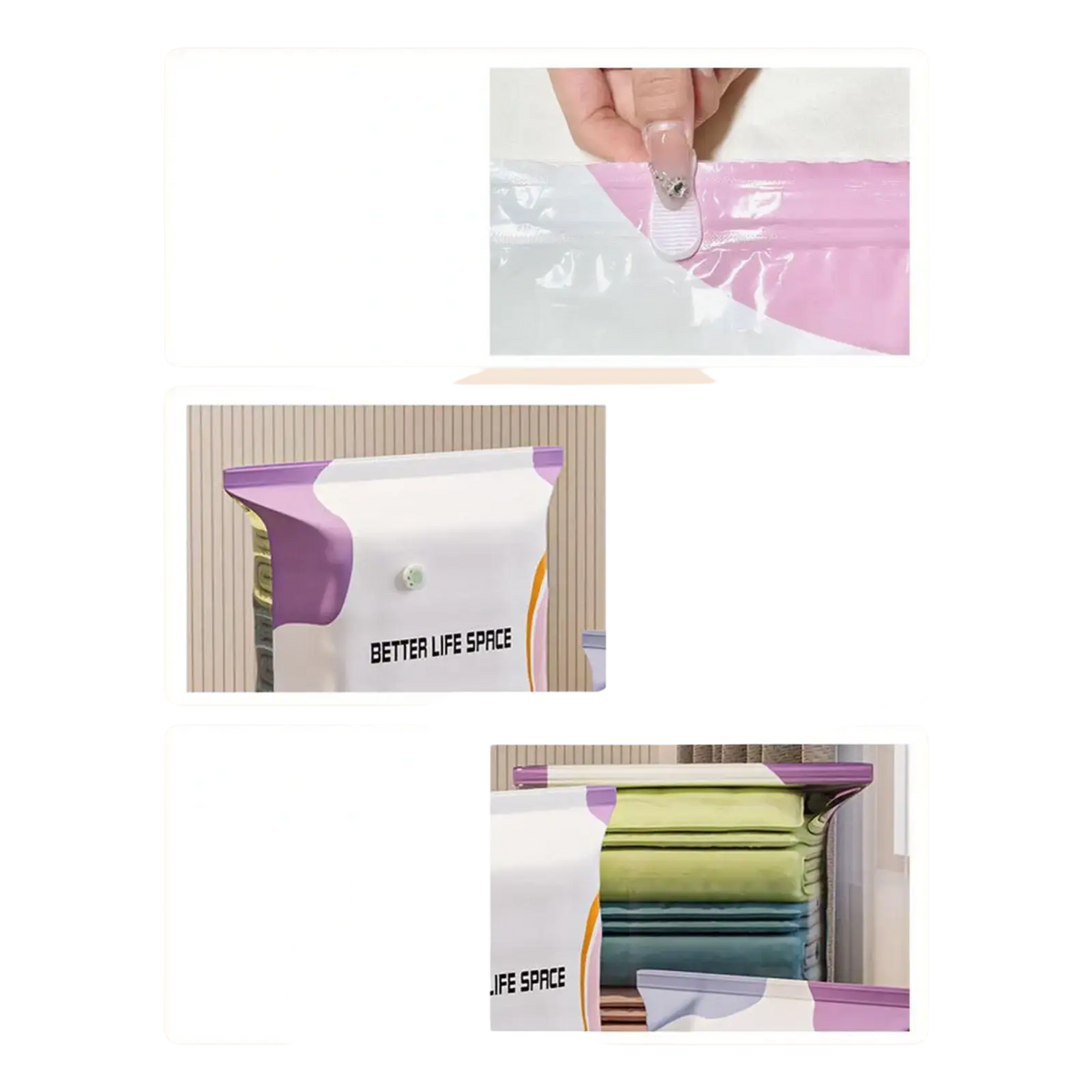 A sleek transparent vacuum storage bag with purple zipper and better life space label for compressing clothes