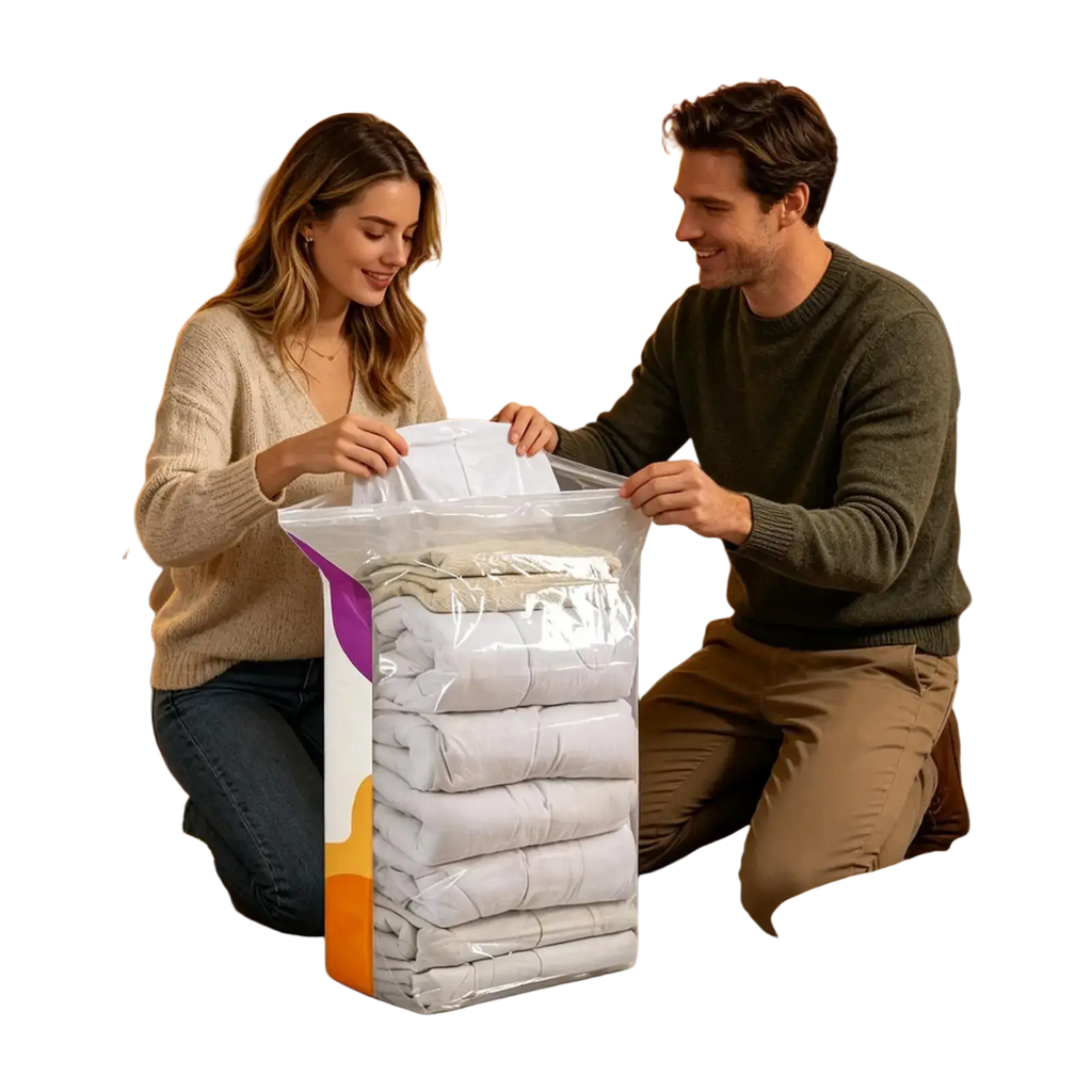 Transparent plastic vacuum storage bags with purple and orange accents for large space saver pump free storage bags