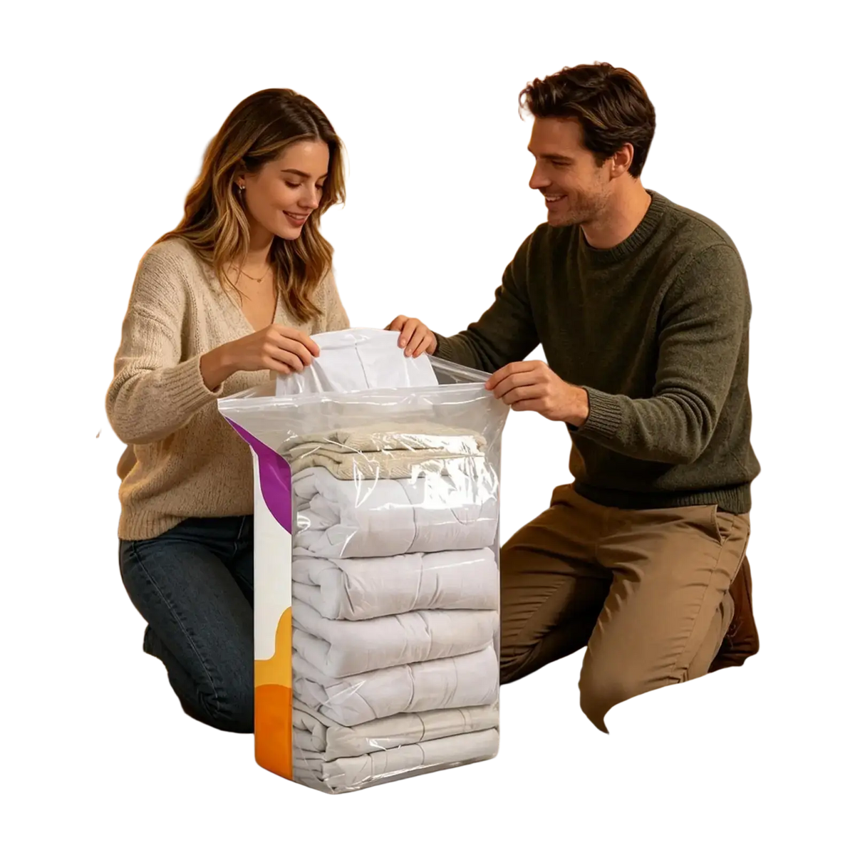 Transparent plastic vacuum storage bags with purple and orange accents for large space saver pump free storage bags
