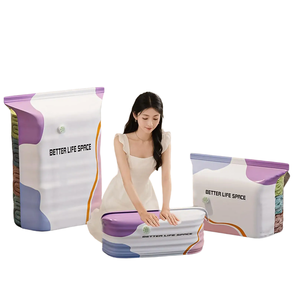 White and purple inflatable vacuum storage bags with colorful abstract patterns and better life space branding for large space saver