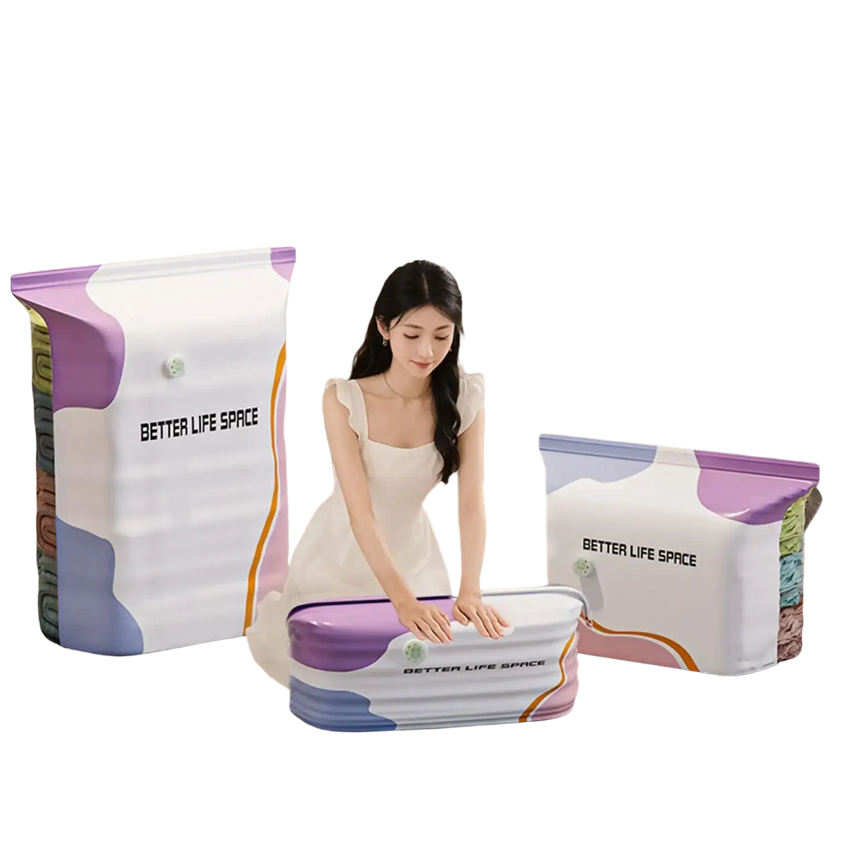 White and purple inflatable vacuum storage bags with colorful abstract patterns and better life space branding for large space saver