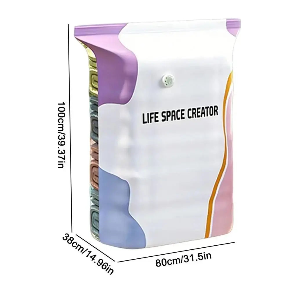 A white purple and blue multi-compartment vacuum storage bag with snap closure labeled life space creator for large space saving
