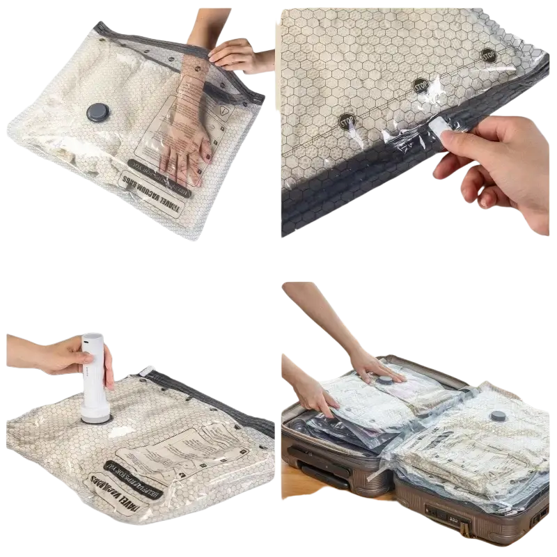 Clear vacuum storage bags with black reinforced edges and hexagonal pattern featuring a rechargeable pump for easy use