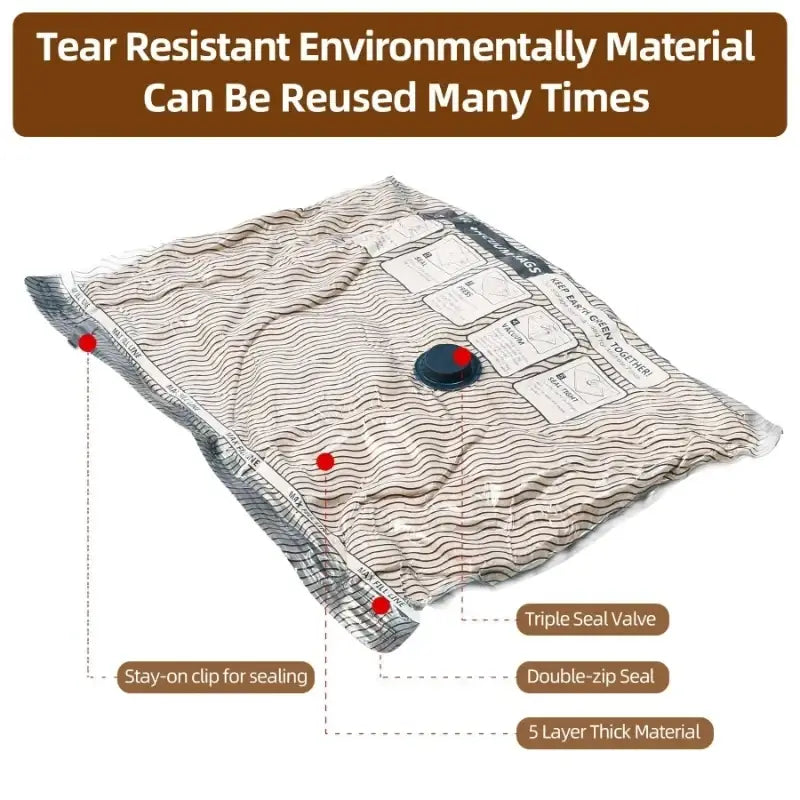 Clear tear-resistant vacuum storage bags with black valve wavy design compatible with rechargeable pump for space saving