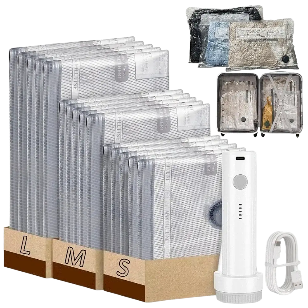 Set of clear reusable waterproof storage bags with rechargeable white pump and usb cable for efficient vacuum sealing