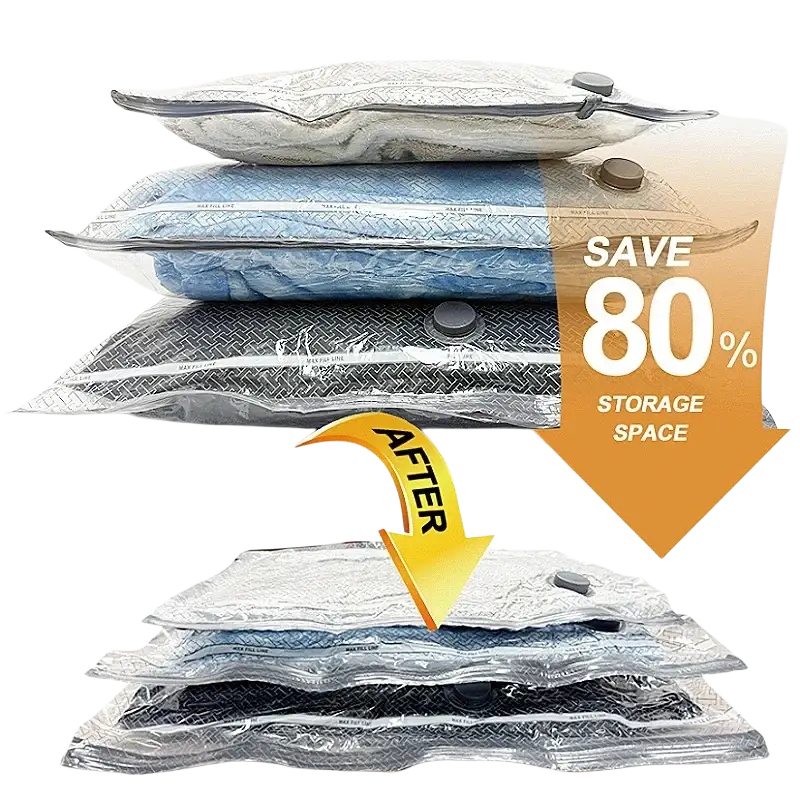 Stacked silver blue and black vacuum storage bags with textured patterns and gray valve caps featuring rechargeable pump