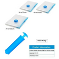 Blue plastic hand pump with handle and nozzle for vacuum storage bags to save space for clothes storage
