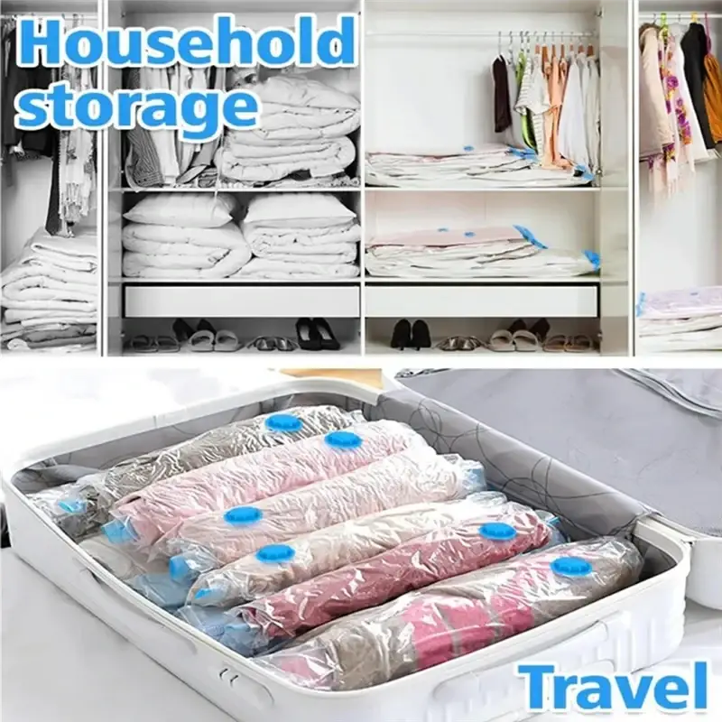 Clear plastic vacuum storage bags with blue valves designed for space saving clothes and compact travel storage
