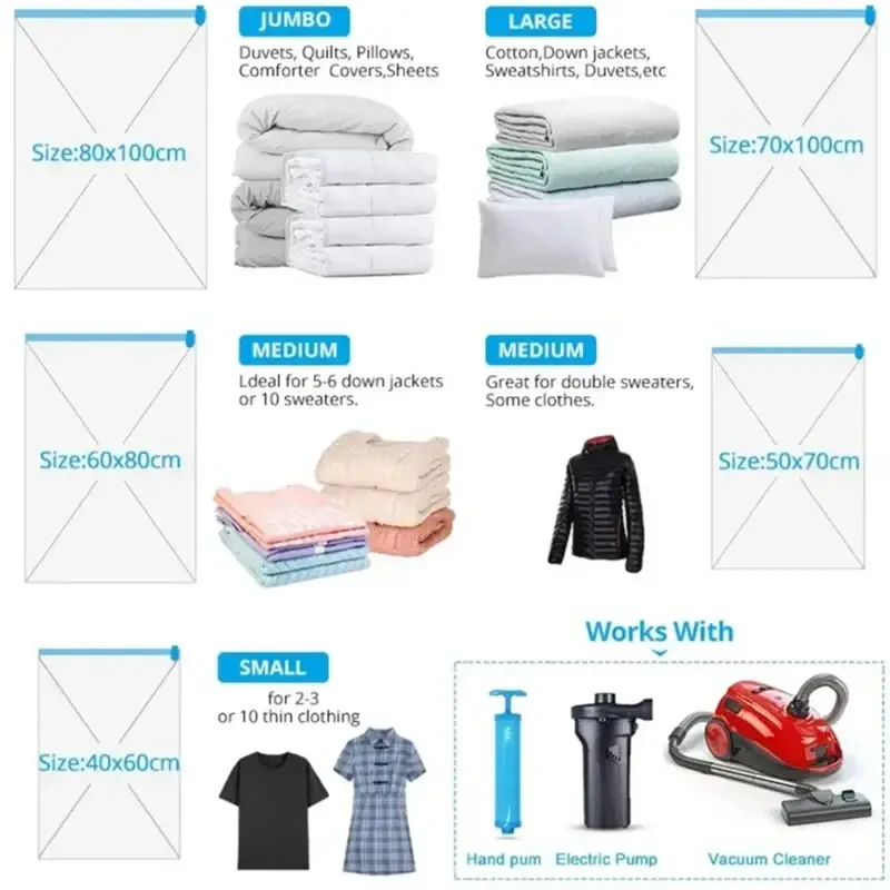 Clear plastic vacuum storage bags set with blue zipper seals labeled for clothes and bedding space saving