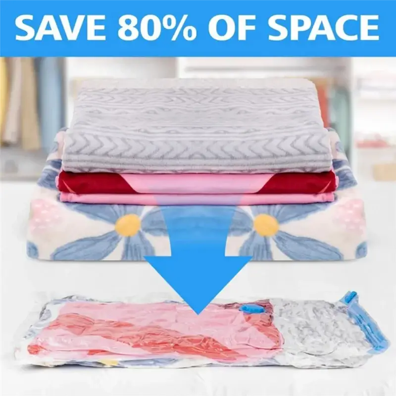 Transparent plastic vacuum storage bags with blue valve caps designed to compress and store folded clothing