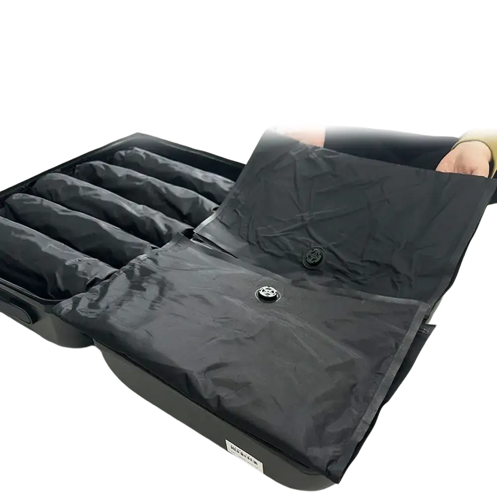 Black vacuum storage bag with zipper closure and two valve buttons for air extraction ideal for roll vacuum bags