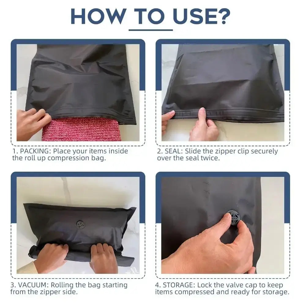 Black roll vacuum bags with zipper seal and valve cap for travel vacuum storage bag compression and packing