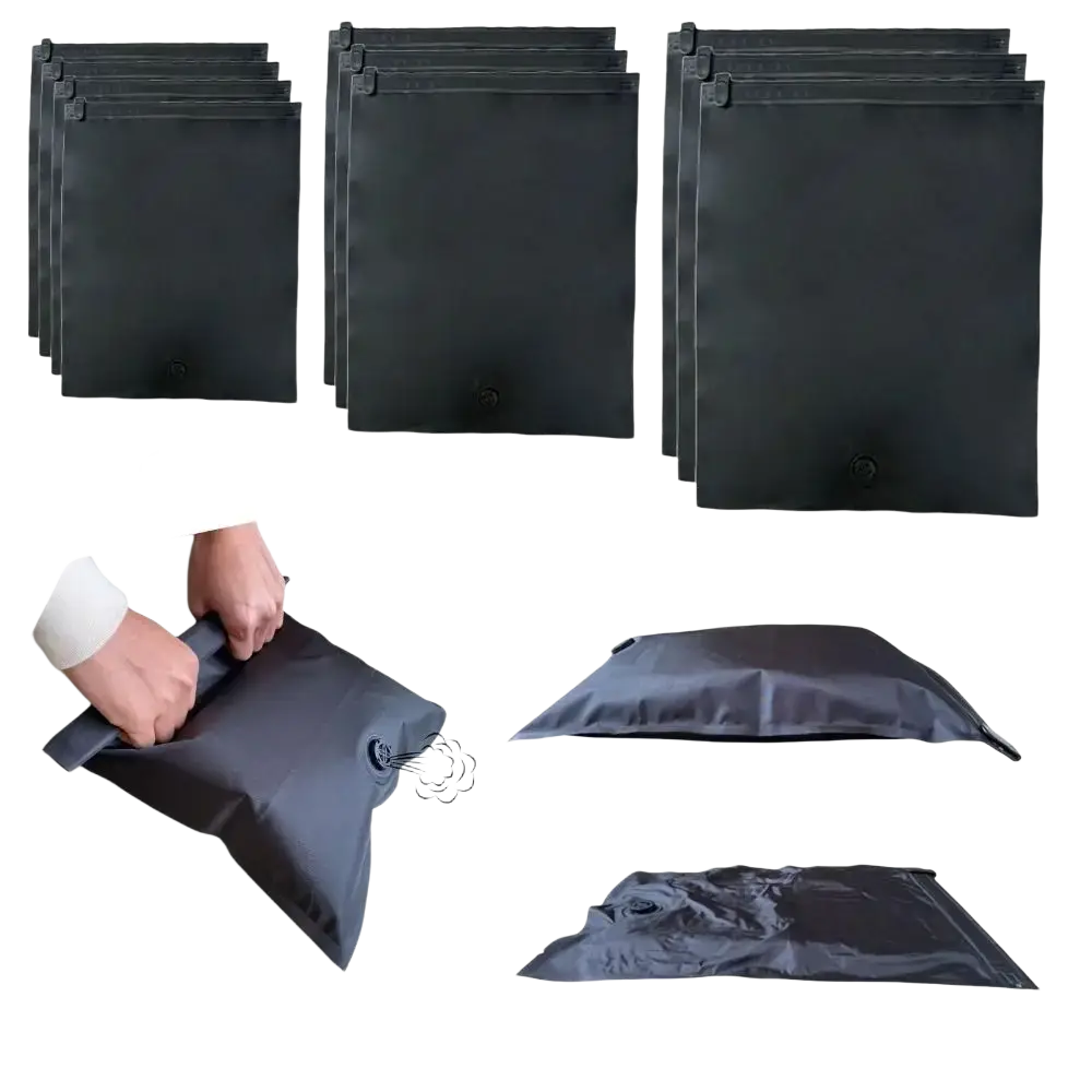 Black fabric vacuum storage bag with zipper closure and inflation valve for travel roll vacuum bags compression