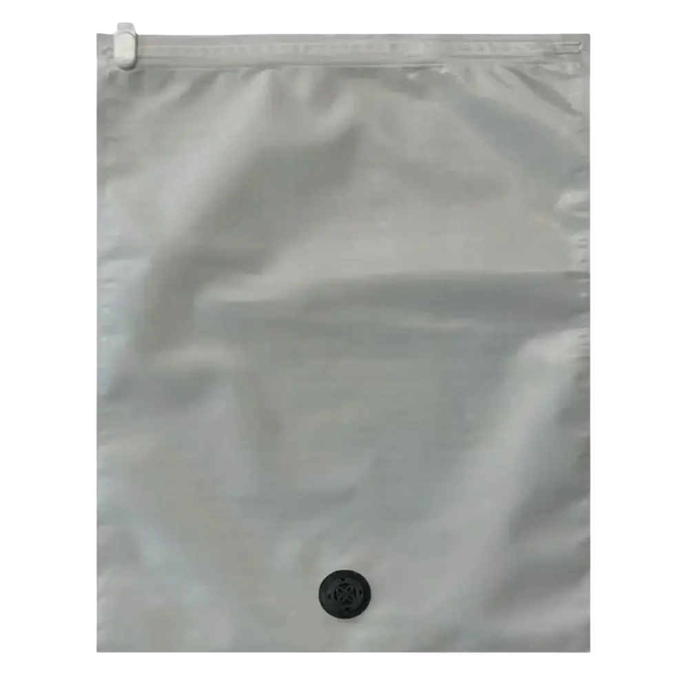 Clear plastic vacuum storage bag with white zipper pull and black valve for roll vacuum bags travel compression