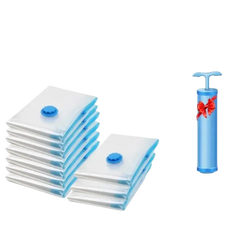 Blue and white vacuum storage organizer bags with hand pump for clothes bedding and camping equipment storage