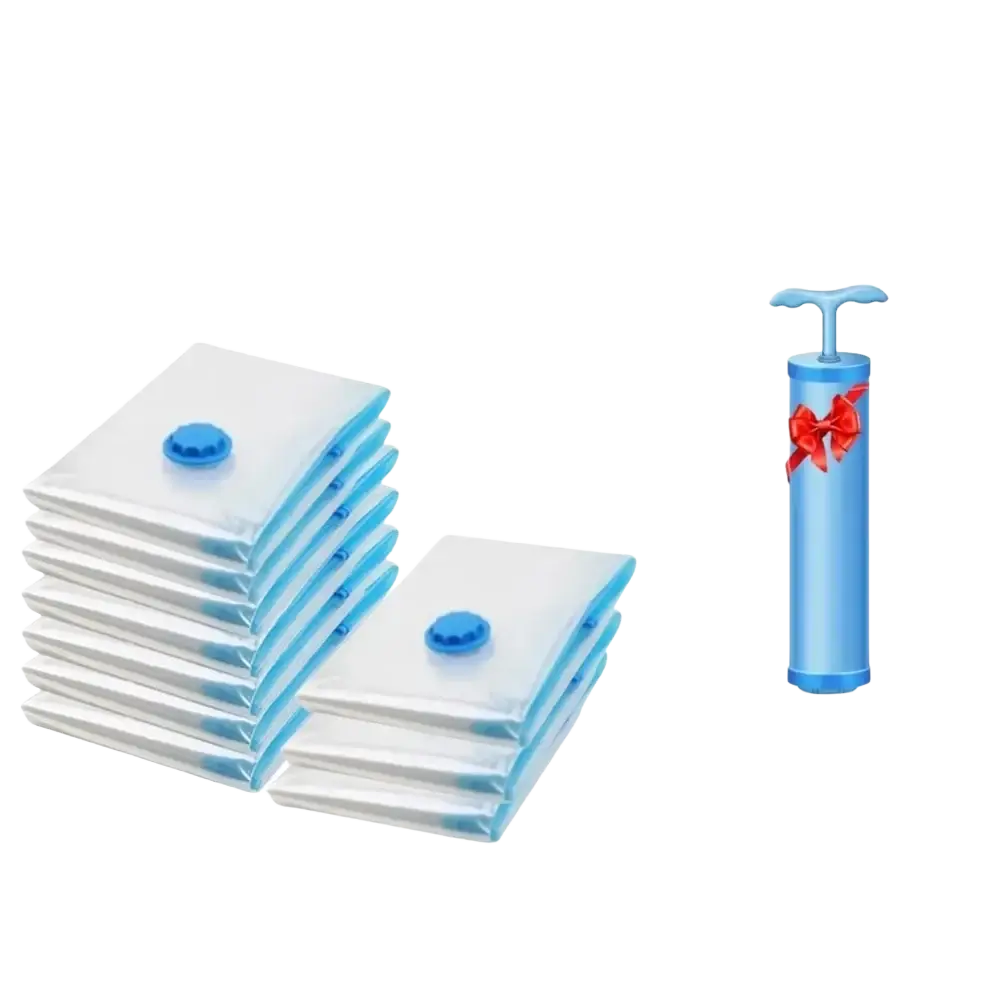 Blue and white vacuum storage organizer bags with hand pump for clothes bedding and camping equipment storage