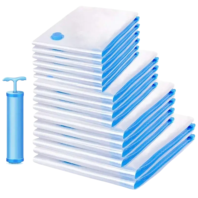 Blue and white vacuum storage organizer bags with matching blue hand pump for clothes bedding and camping equipment
