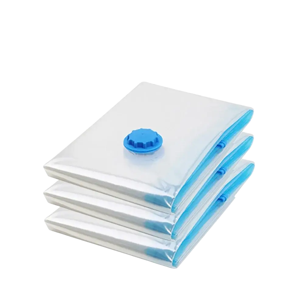 Clear plastic vacuum storage organizer bags with blue caps and sealing strips stacked in a 3-pack for clothes and bedding