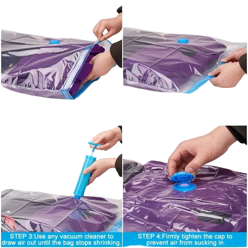 Purple vacuum storage organizer bags with blue zipper and pump attachments for clothes and camping equipment storage