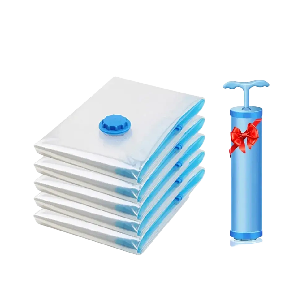 Set of five transparent vacuum storage organizer bags with blue valves and a light-blue hand pump for clothes and bedding